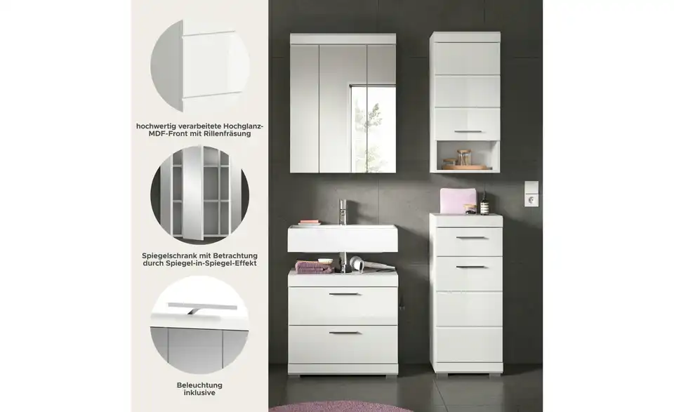 Badmöbel-Set SCHLOONSEE, 4 teilig, bestehend aus: Waschbeckenunterschrank, Spiegelschrank, Unterschrank, Hängeschrank Schloonsee, Bild mit Text
