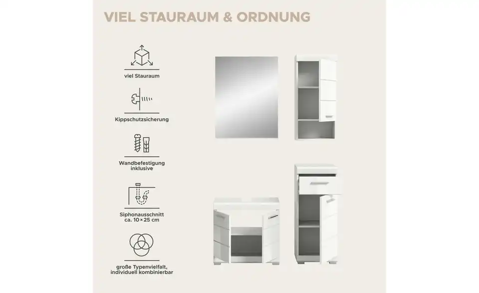 Badmöbel-Set SCHLOONSEE, 4 teilig, bestehend aus: Waschbeckenunterschrank, Spiegel, Unterschrank, Hängeschrank Schloonsee, Bild mit Text