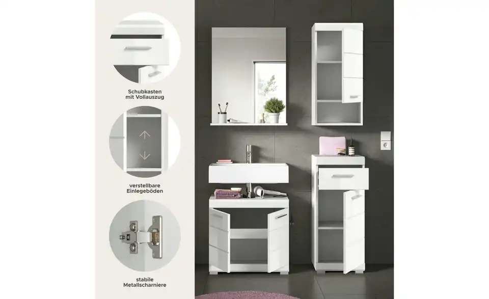 Badmöbel-Set SCHLOONSEE, 4 teilig, bestehend aus: Waschbeckenunterschrank, Spiegel, Unterschrank, Hängeschrank Schloonsee, Bild mit Text