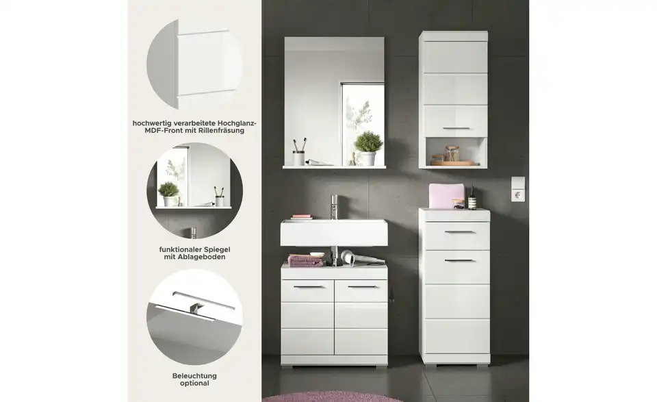 Badmöbel-Set SCHLOONSEE, 4 teilig, bestehend aus: Waschbeckenunterschrank, Spiegel, Unterschrank, Hängeschrank Schloonsee, Bild mit Text