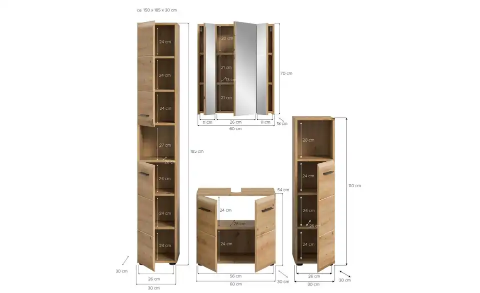 Badkombination, Bemaßung