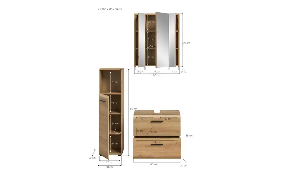 Badkombination, Bemaßung