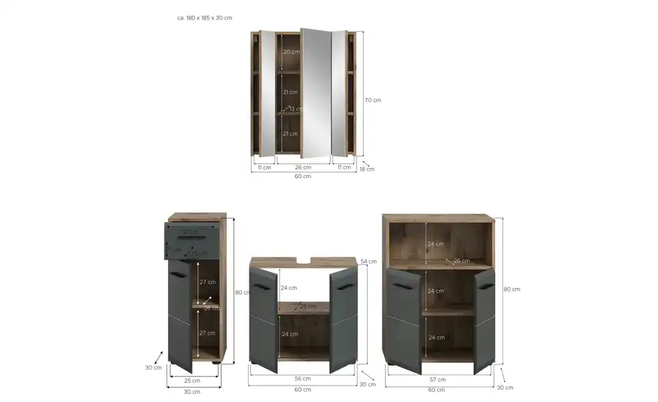 Badkombination, Bemaßung