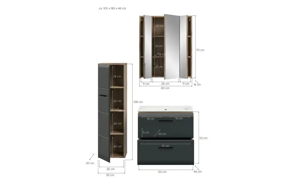 Badkombination, Bemaßung