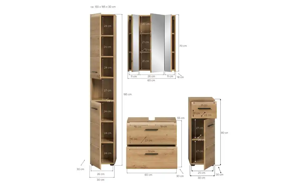 Badkombination, Bemaßung