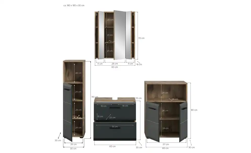 Badkombination, Bemaßung