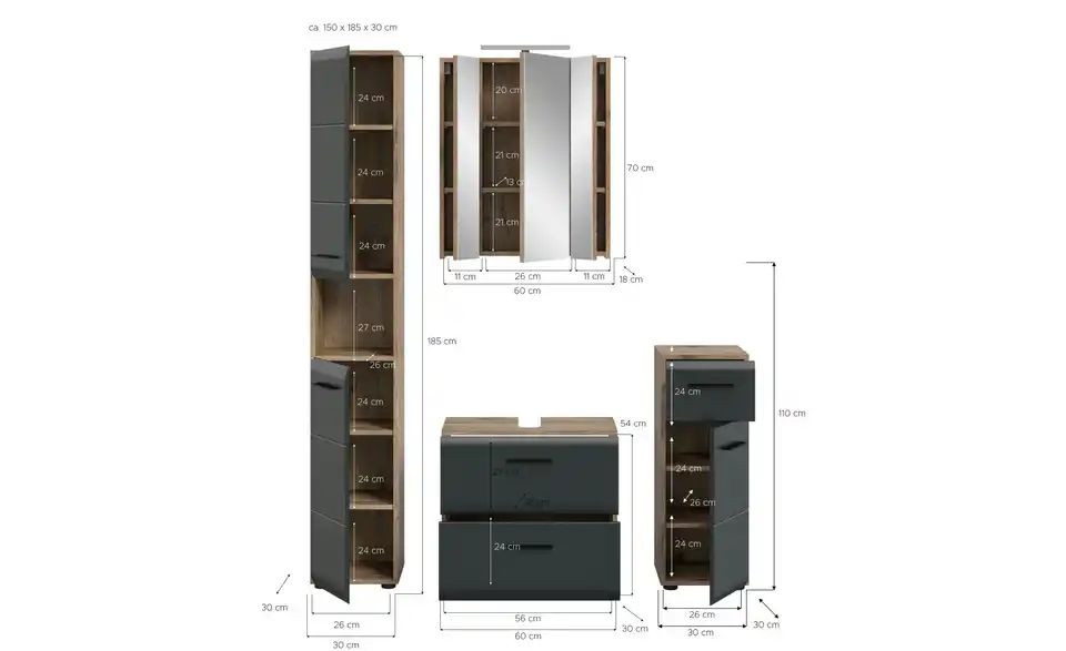 Badkombination, Bemaßung