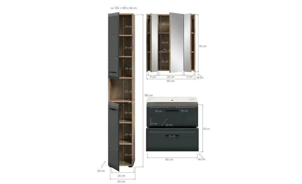 Badkombination, Bemaßung