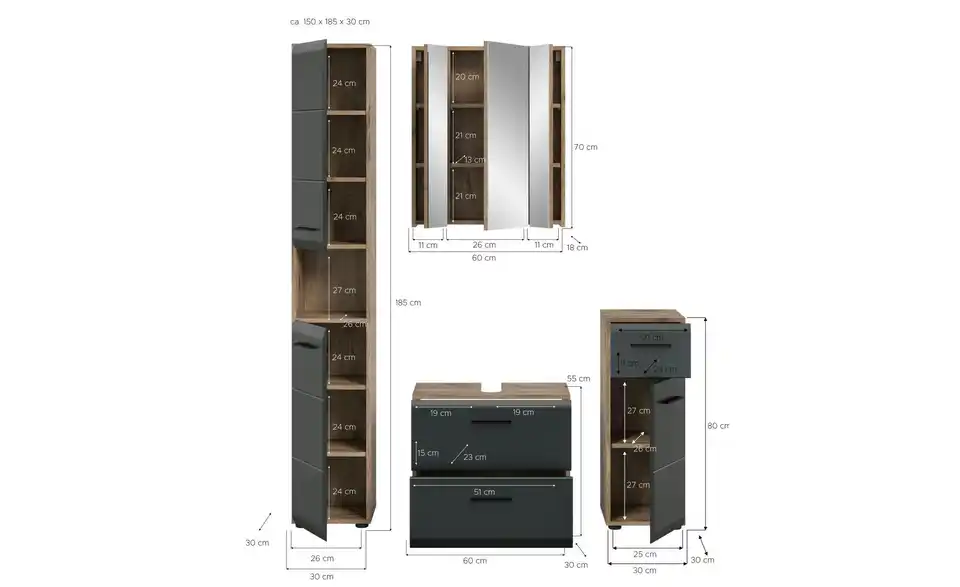 Badkombination, Bemaßung