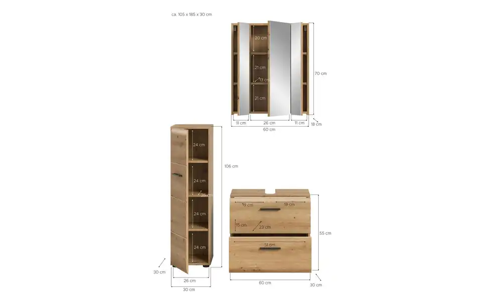 Badkombination, Bemaßung