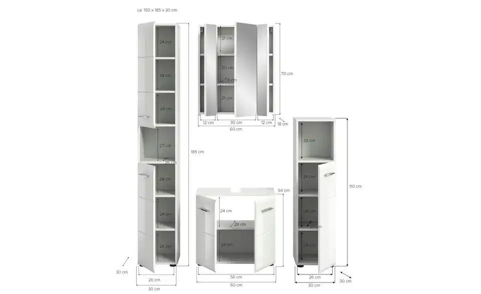 Badkombination, Bemaßung