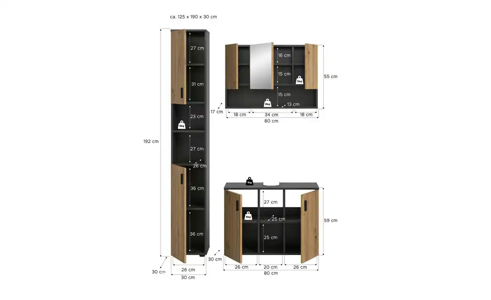 Badkombination, Bemaßung