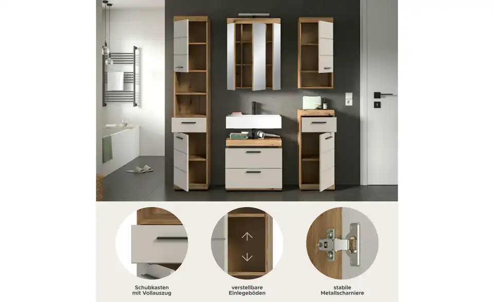 Badkombination, Bild mit Text