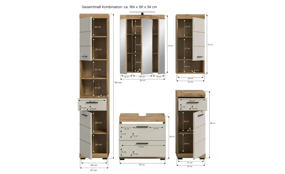 Badkombination, Bemaßung