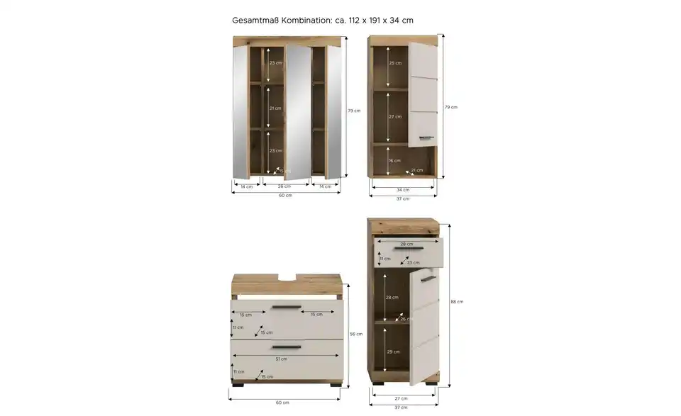 Badkombination, Bemaßung