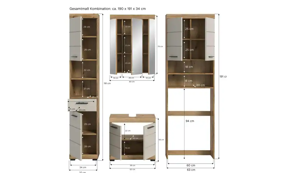 Badkombination, Bemaßung