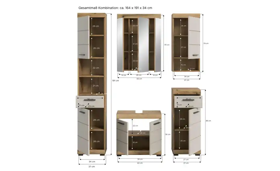 Badkombination, Bemaßung