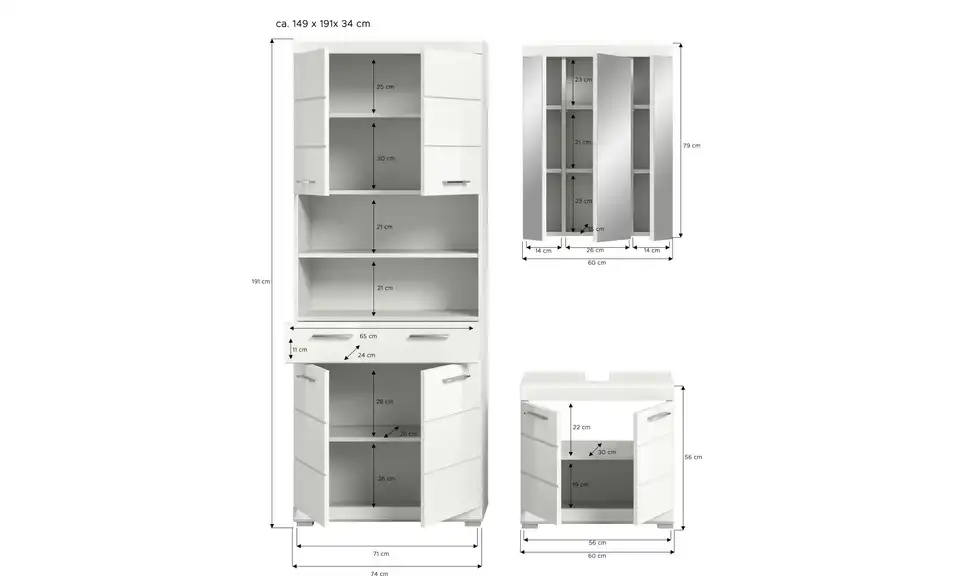 Badkombination, Bemaßung