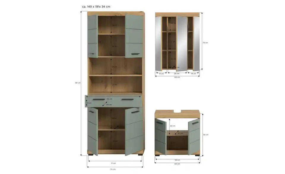 Badkombination, Bemaßung