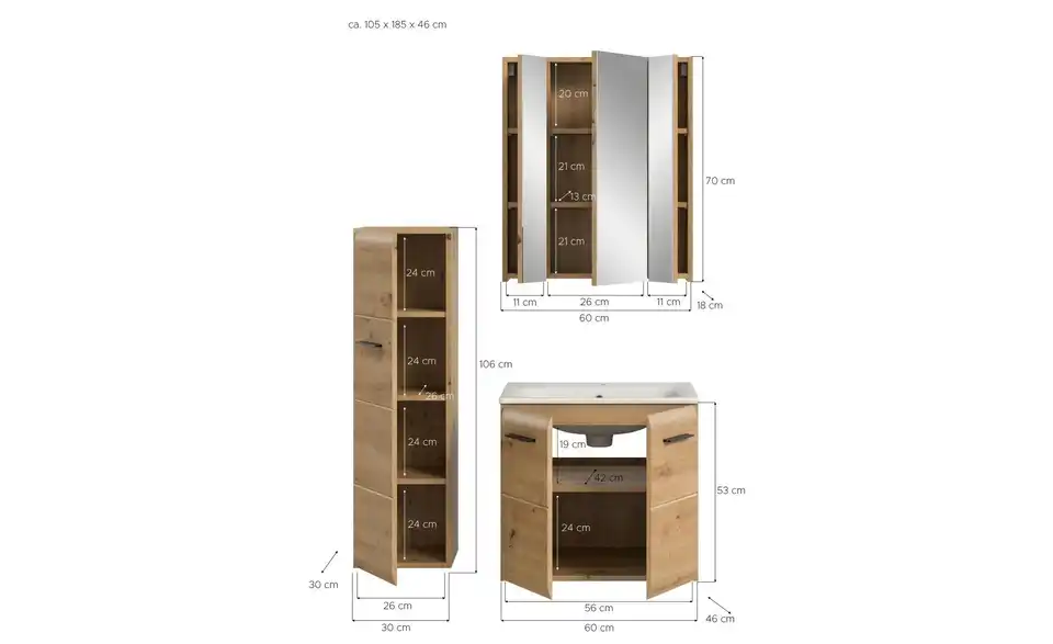 Badkombination, Bemaßung