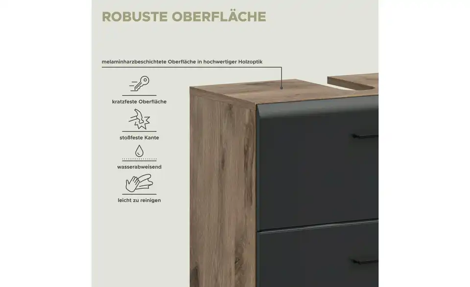 Badkombination auf Rollen, Bild mit Text