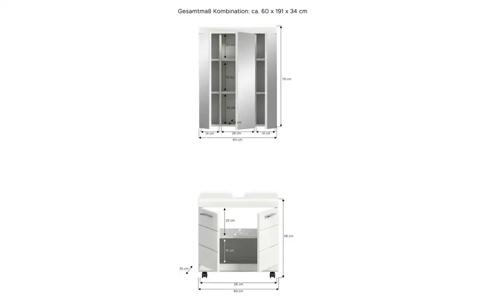 Badkombination auf Rollen, Bemaßung