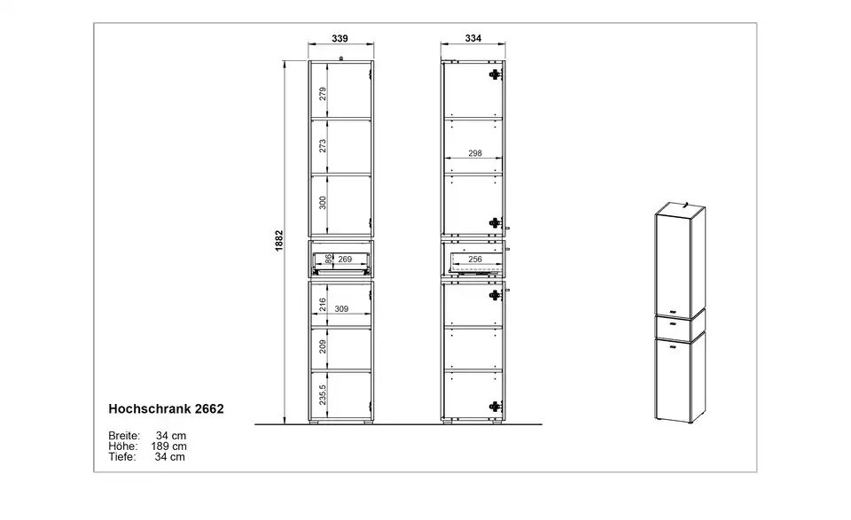 Hochschrank Möhnesee, Bemaßung