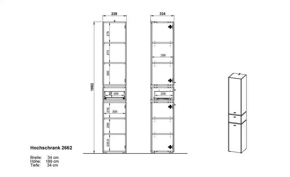 Hochschrank Möhnesee, Bemaßung