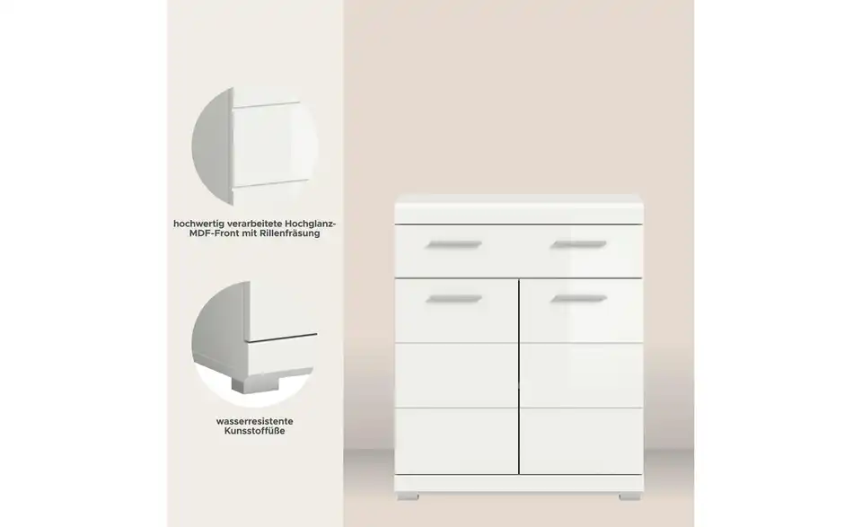 Unterschrank SCHLOONSEE, Breite 74cm, 2 Tür, 1 Schubkasten, 2 Fächer, MDF-Front in verschiedenen Farben erhältlich, Badmöbel, Badschrank, Kommode, Bad Schloonsee, Bild mit Text