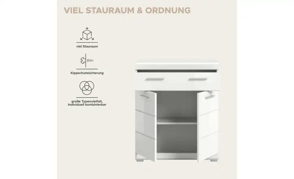 Unterschrank SCHLOONSEE, Breite 74cm, 2 Tür, 1 Schubkasten, 2 Fächer, MDF-Front in verschiedenen Farben erhältlich, Badmöbel, Badschrank, Kommode, Bad Schloonsee, Bild mit Text