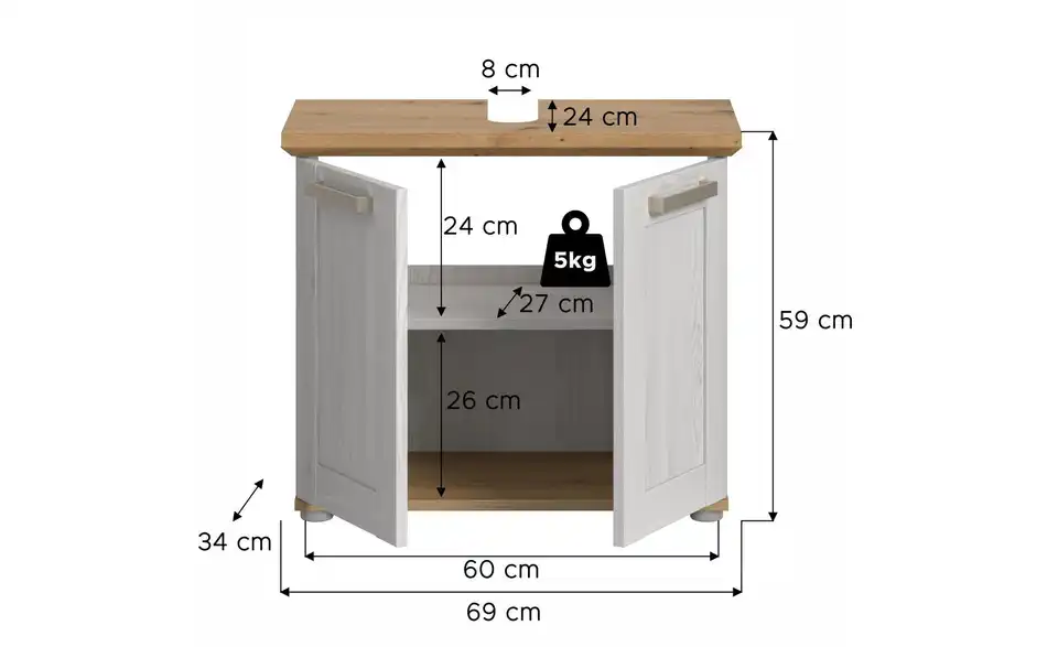 Waschbeckenunterschrank, Bemaßung