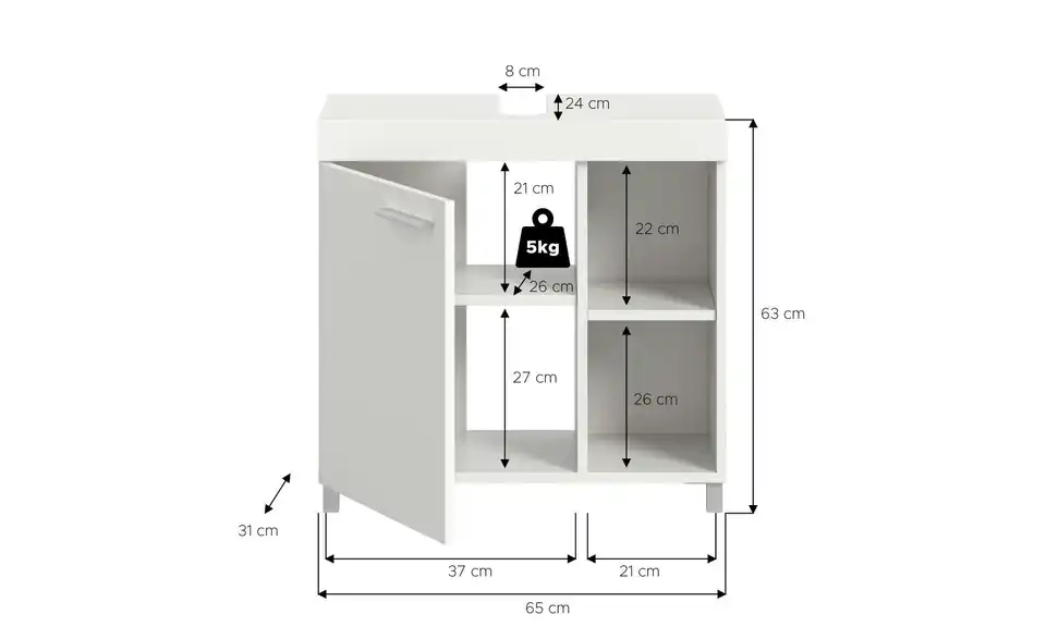 Waschbeckenunterschrank, Bemaßung