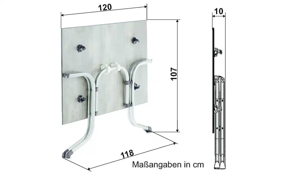 Sieger Boulevard Klapptisch, Bemaßung