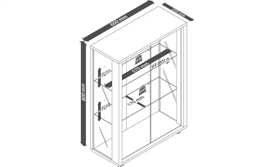 Hängevitrine Udina, Bemaßung