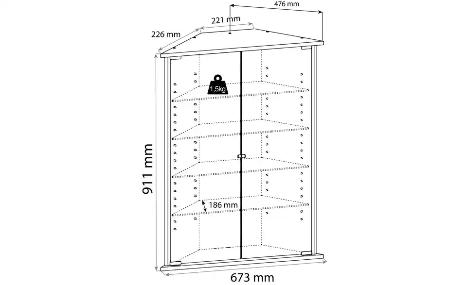 Eckvitrine Vecko, Bemaßung