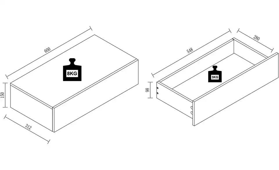 Wandschublade Usal, Bemaßung