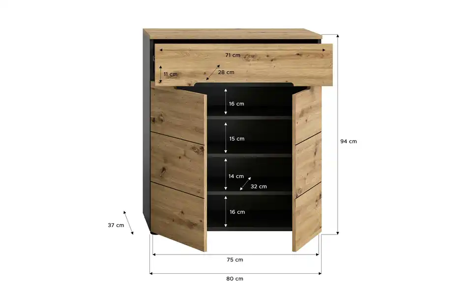 Schuhschrank Canu, Bemaßung