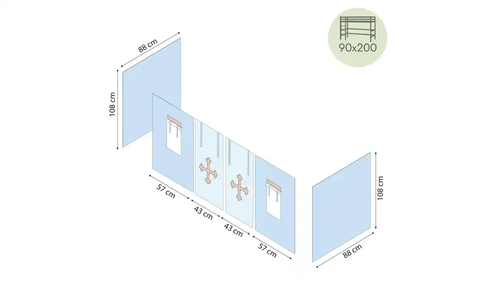 Hoppekids Vorhang Mittelhochbett 90x200 Fairytale Knight, Bemaßung