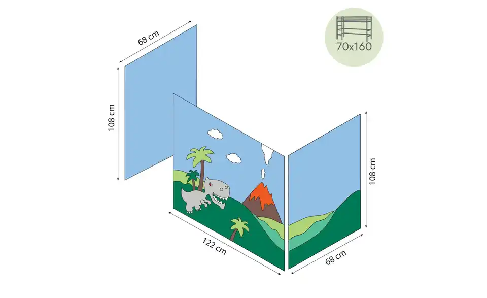Hoppekids Vorhang Mittelhochbett 70x160 Dinosaur, Bemaßung