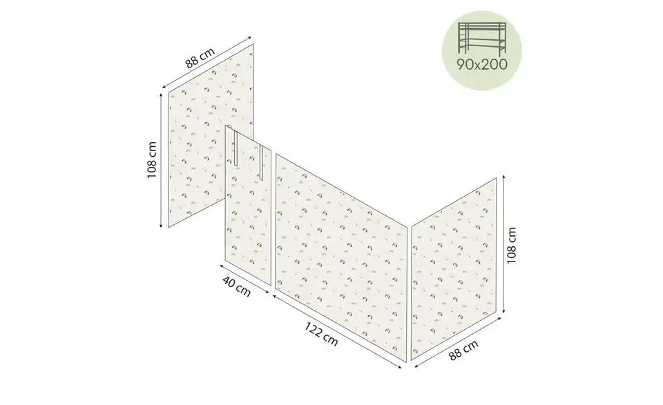 Hoppekids Vorhang Mittelhochbett 90x200 Pets, Bemaßung