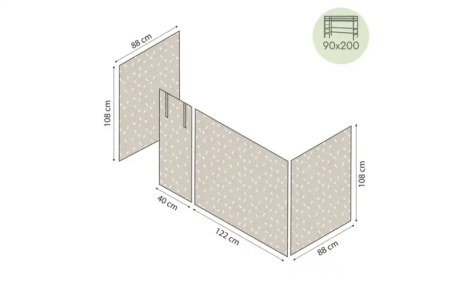 Hoppekids Vorhang Mittelhochbett 90x200 Pets, Bemaßung