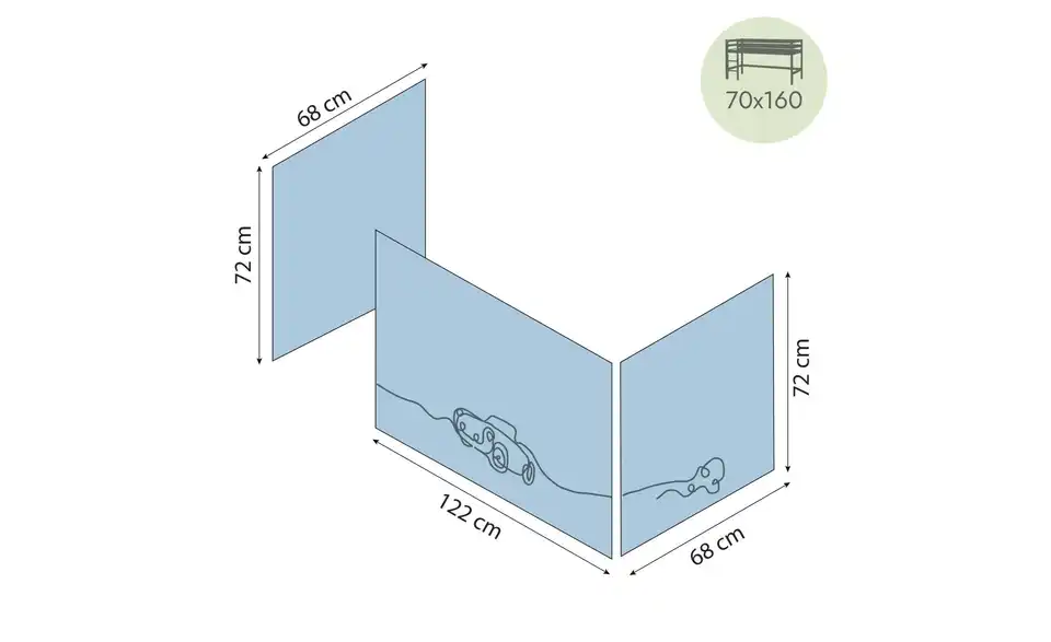 Hoppekids Vorhang für Spielbett 70x160 Cars, Bemaßung