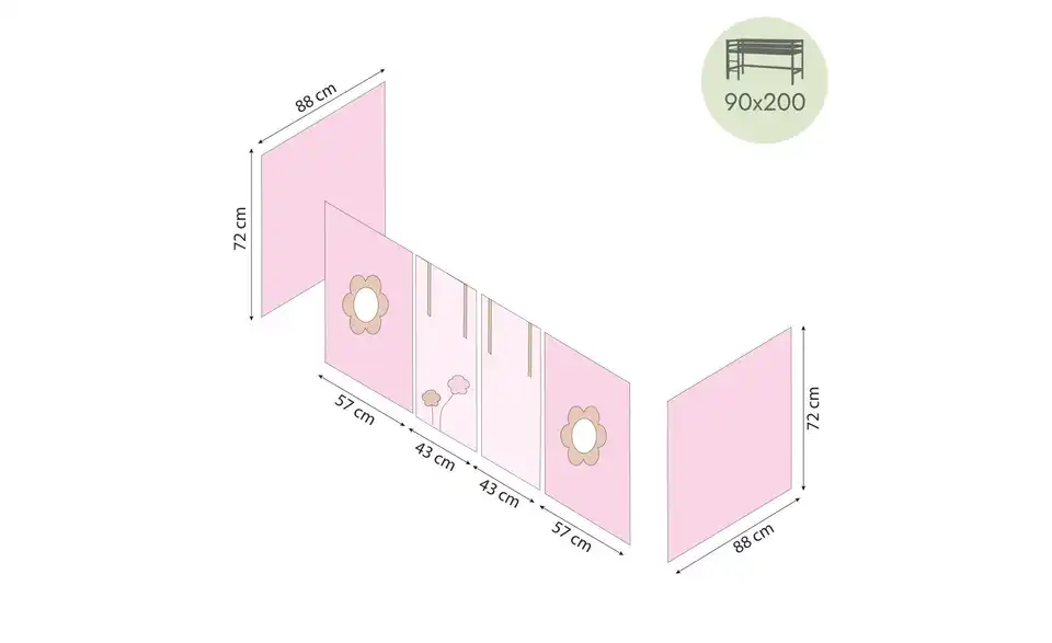 Hoppekids Vorhang für Spielbett 90x200 Fairytale Flower, Bemaßung