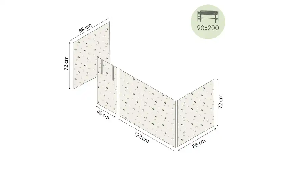 Hoppekids Vorhang für Spielbett 90x200 Pets, Bemaßung