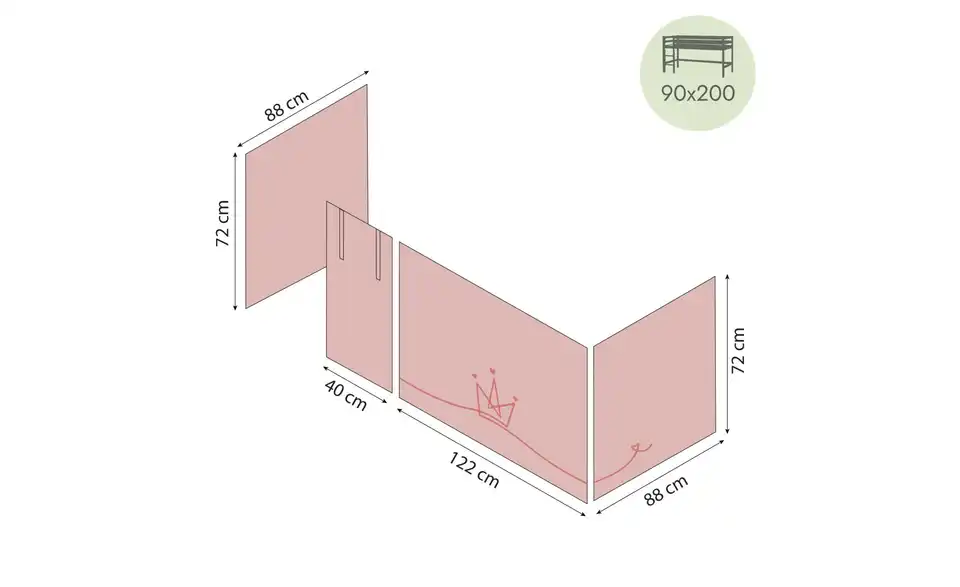 Hoppekids Vorhang für Spielbett 90x200 Princess, Bemaßung