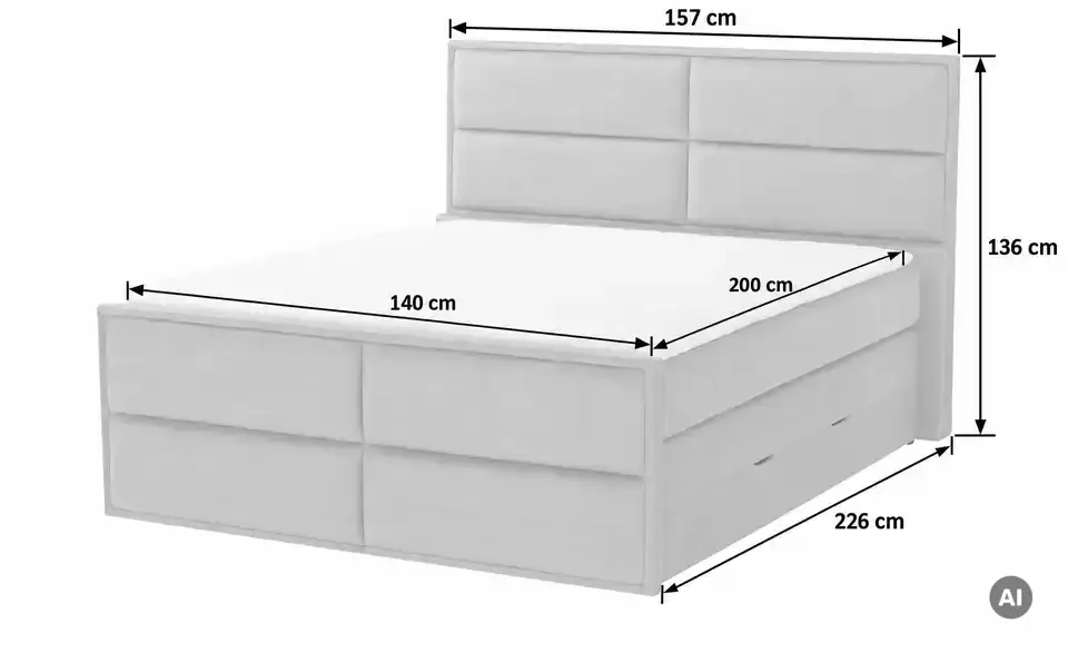 Boxspringbett Crocco mit Bettkasten, Bemaßung