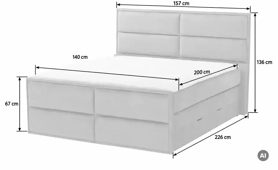 Boxspringbett Crocco mit Bettkasten, Bemaßung
