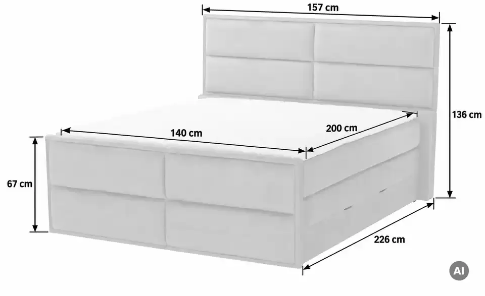 Boxspringbett Crocco mit Bettkasten, Bemaßung