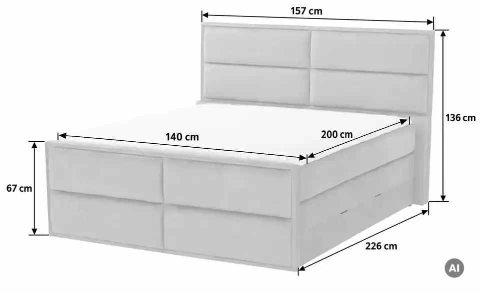 Boxspringbett Crocco mit Bettkasten, Bemaßung