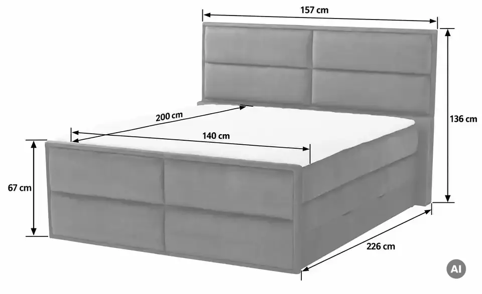 Boxspringbett Crocco mit Bettkasten, Bemaßung